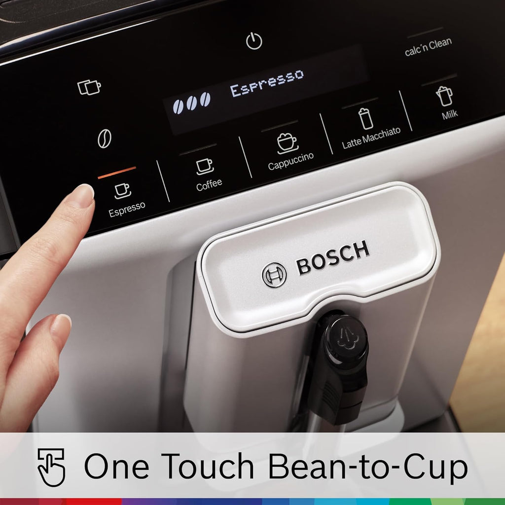 Bosch Fully Automatic Coffee and Espresso Machine - One-Touch Drinks, Barista Style, Double Cup Super Coffee Maker - Large Bean Capacity - Easy Clean, Maintenance - Silver- TIU20307
