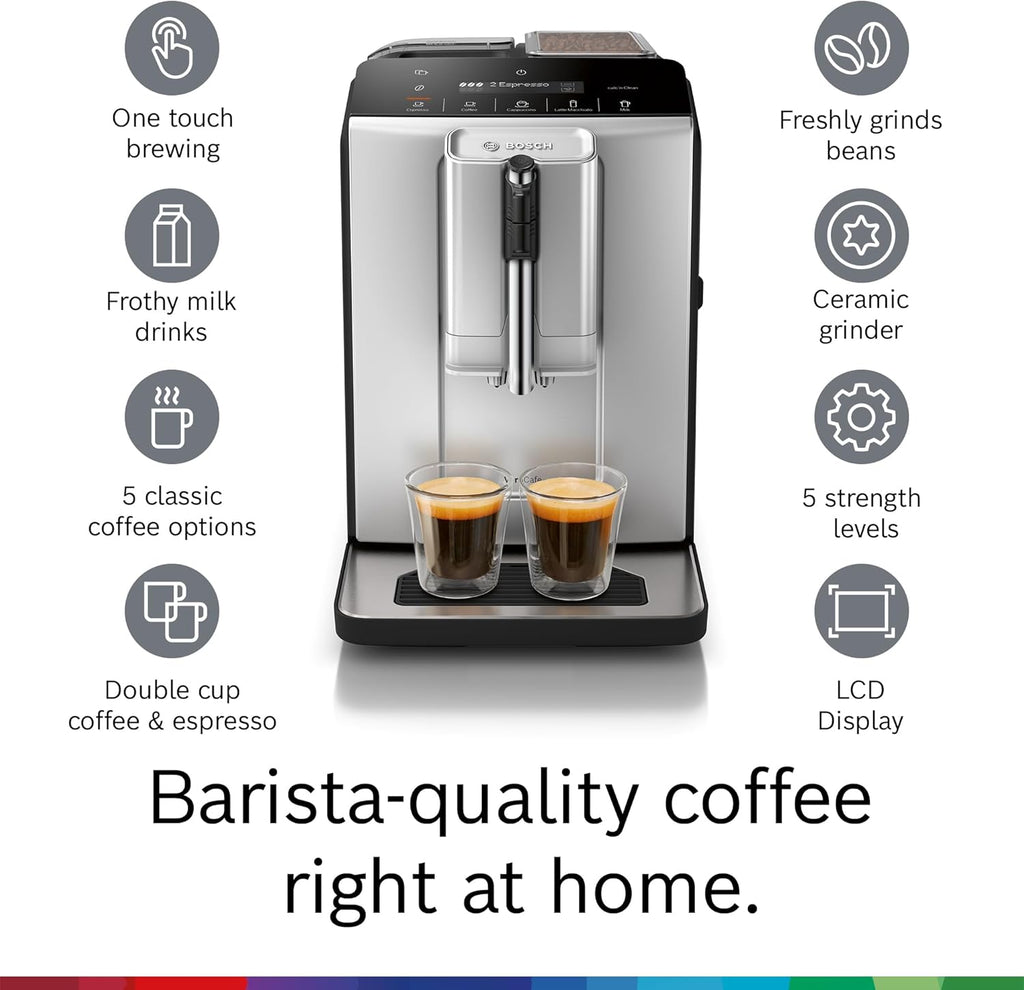 Bosch Fully Automatic Coffee and Espresso Machine - One-Touch Drinks, Barista Style, Double Cup Super Coffee Maker - Large Bean Capacity - Easy Clean, Maintenance - Silver- TIU20307