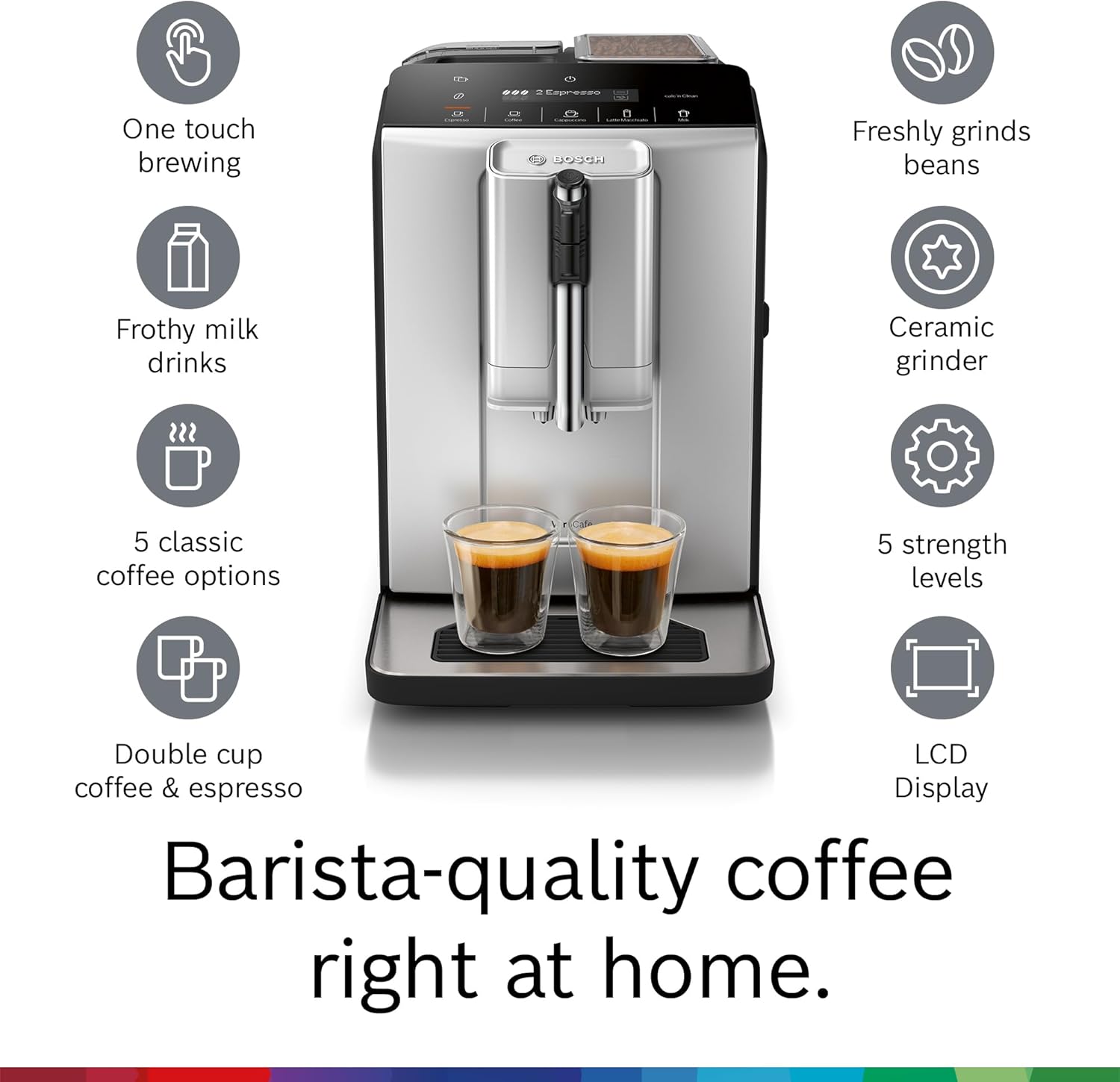Bosch Fully Automatic Coffee and Espresso Machine - One-Touch Drinks, Barista Style, Double Cup Super Coffee Maker - Large Bean Capacity - Easy Clean, Maintenance - Silver- TIU20307