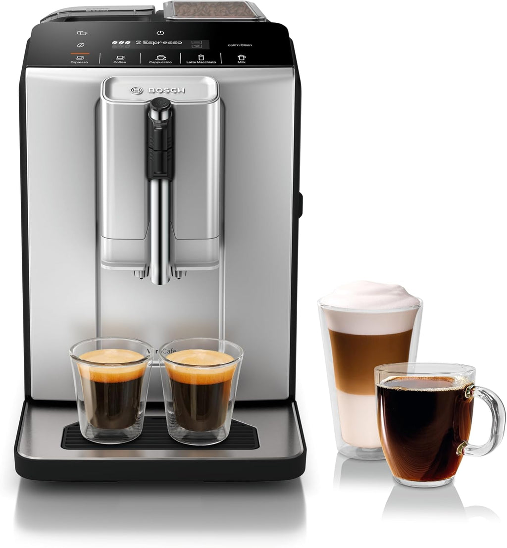 Bosch Fully Automatic Coffee and Espresso Machine - One-Touch Drinks, Barista Style, Double Cup Super Coffee Maker - Large Bean Capacity - Easy Clean, Maintenance - Silver- TIU20307