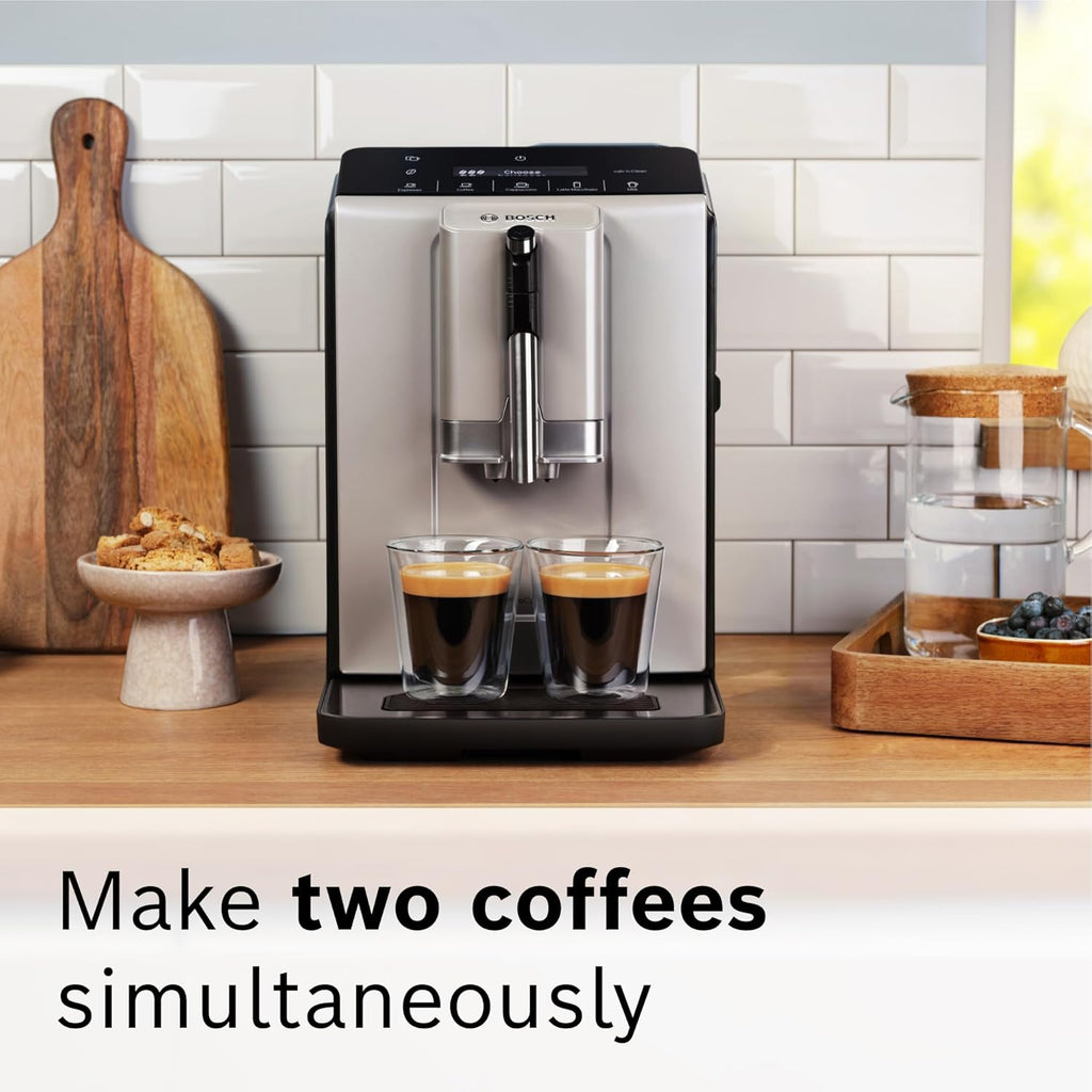 Bosch Fully Automatic Coffee and Espresso Machine - One-Touch Drinks, Barista Style, Double Cup Super Coffee Maker - Large Bean Capacity - Easy Clean, Maintenance - Silver- TIU20307